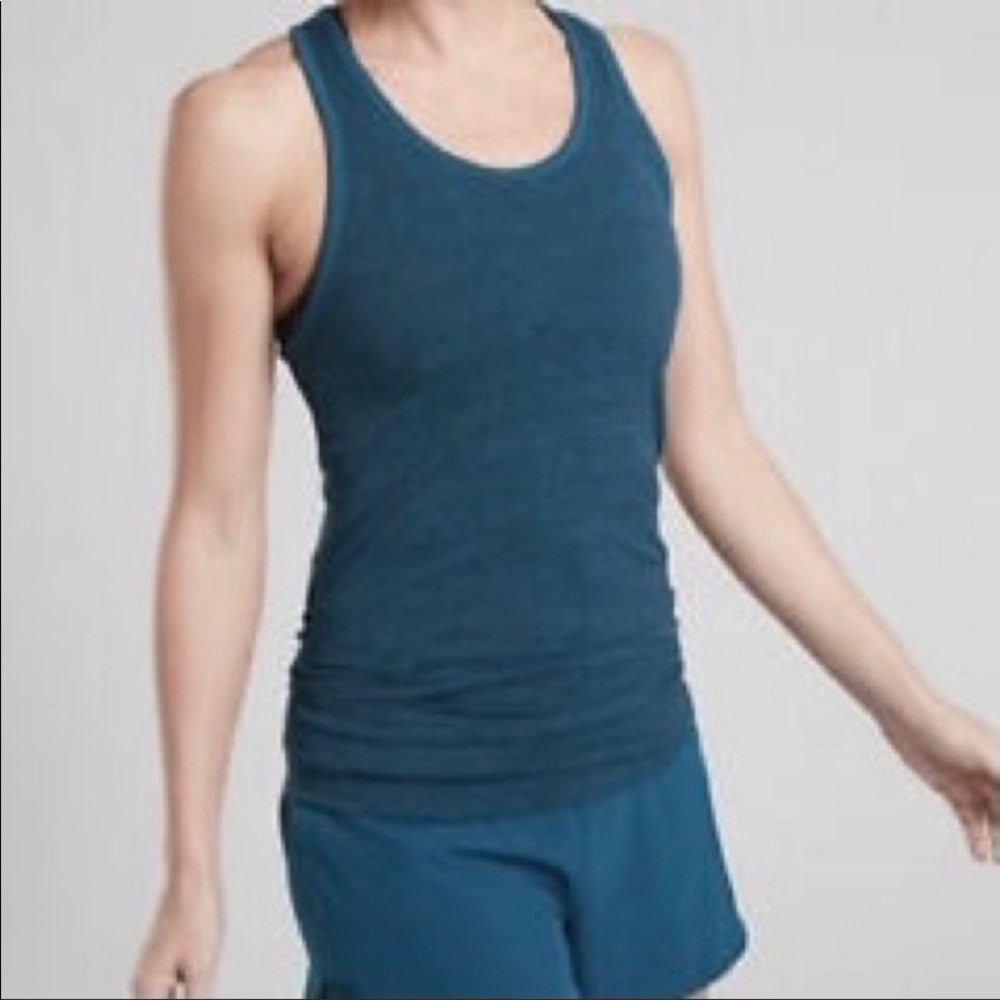 Athleta teal melange knit rusched sides tank top.  Size L.  Excellent condition